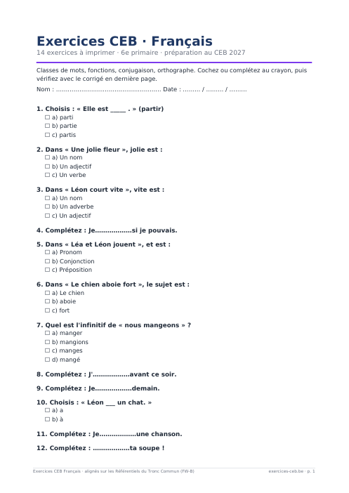 Aperçu de la première page du PDF Exercices CEB Français