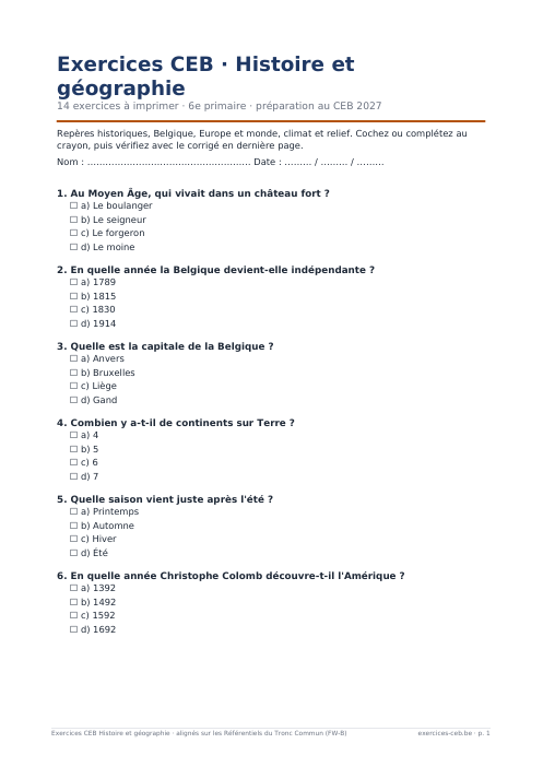 Aperçu de la première page du PDF Exercices CEB Histoire et géographie