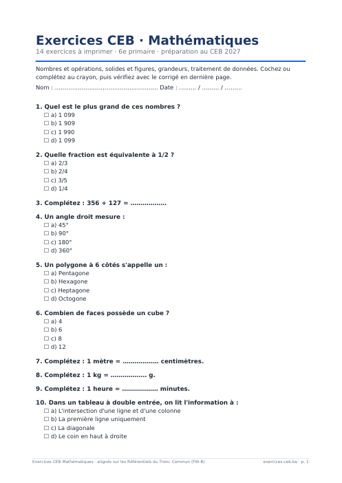 Aperçu de la première page du PDF Exercices CEB Mathématiques