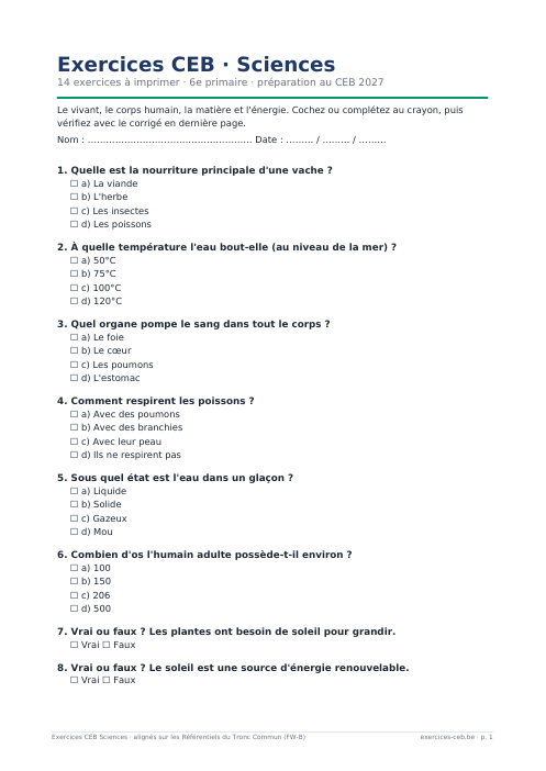 Aperçu de la première page du PDF Exercices CEB Sciences